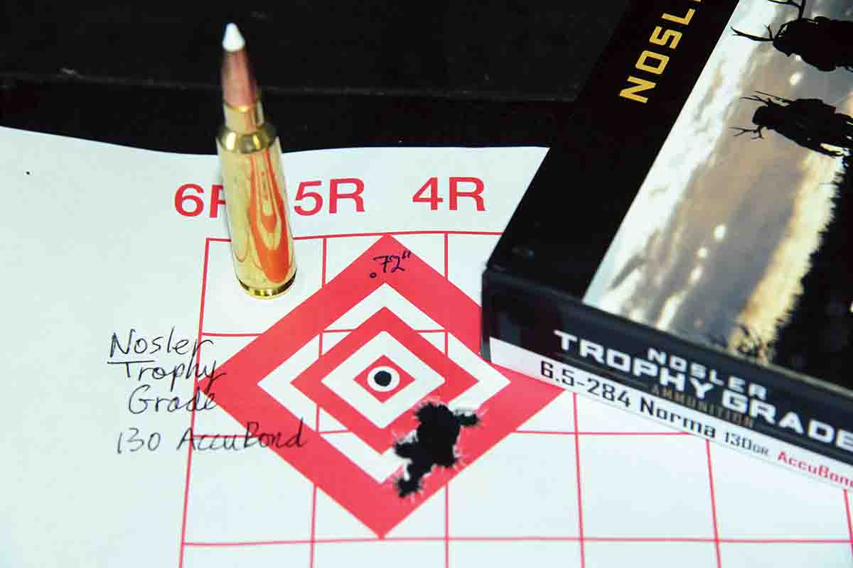 Nosler’s Trophy Grade ammunition, loaded with 130-grain AccuBond bullets, resulted in a .72-inch, five-shot, 100-yard group at 2,936 fps.